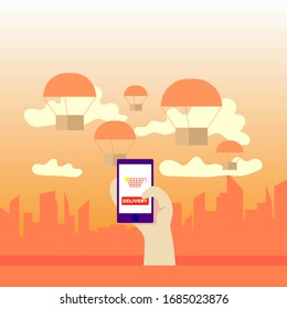 Cajas en paracaídas sobre la ciudad. Entrega rápida en línea desde el teléfono. Dibujo de color vectorial plano para la web. Concepto del paquete de entrega. Antecedentes de la ciudad de Panorama.