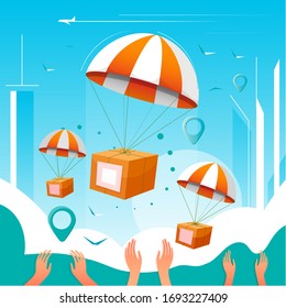 Boxes in parachute over outstretched arms. Fast online delivery from phone. Flat cartoon vector color illustration for web. Concept for delivery package.