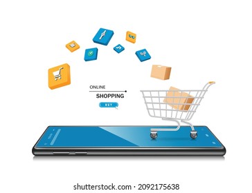 Boxes and parcels float in a shopping cart placed on top of the smartphone,vector 3d isolated on white background for online shopping advertising design