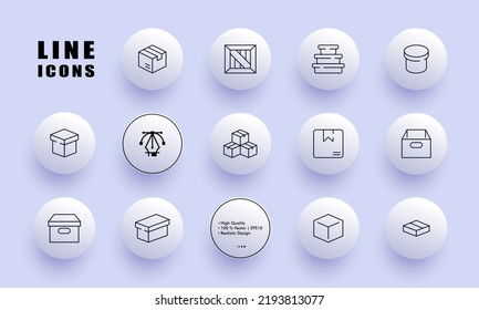 Boxes for parcels set icon. Logistics, shipping, wooden box, storage, carge, package, packaging, deliver. Delivery concept. Neomorphism style. Vector line icon for Business and Advertising.