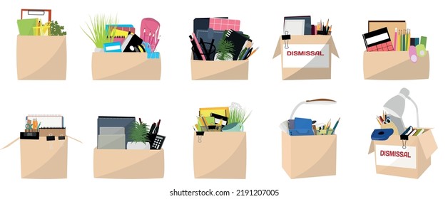 Boxes with personal things of dismissed workers on white backgro