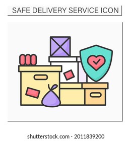 Boxes pile color icon. Post delivery packages with corona virus stop. Concept illustration for safe logistics service and contact-less courier online orders delivery.Isolated vector illustration