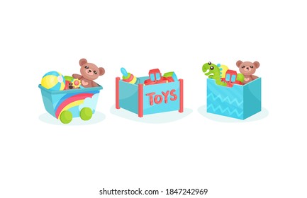 Boxes and Plastic Containers Full of Children Toys Vector Set