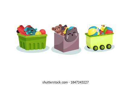 Boxes and Plastic Containers Full of Children Toys Vector Set