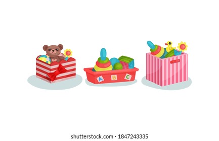Boxes and Plastic Containers Full of Children Toys Vector Set