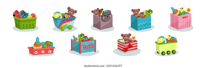 Boxes and Plastic Containers Full of Children Toys Vector Set