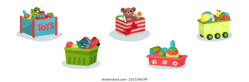 Boxes and Plastic Containers Full of Children Toys Vector Set