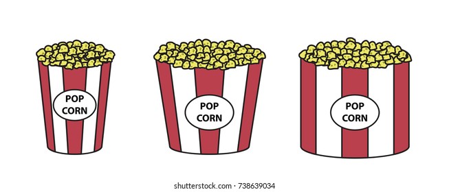 boxes with popcorn, buckets with snacks, red stripes, vector image, flat design