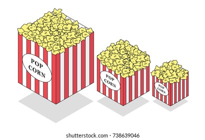 boxes with popcorn, buckets with snacks, red stripes, vector image, flat design