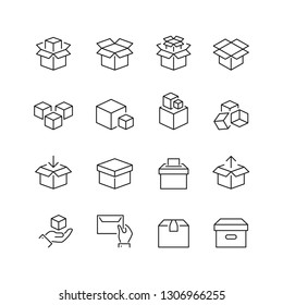 Boxes related icons: thin vector icon set, black and white kit