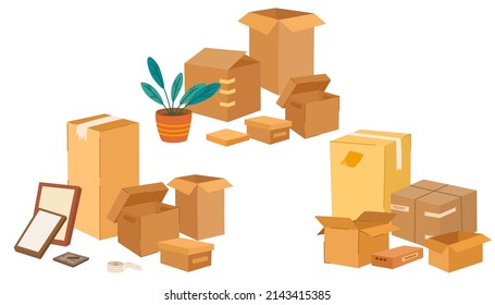 Boxes set. Cardboard boxes with various things. Moving and relocation concept. Hand-drawn color vector isolated illustrations. Cartoon style, fashionable design