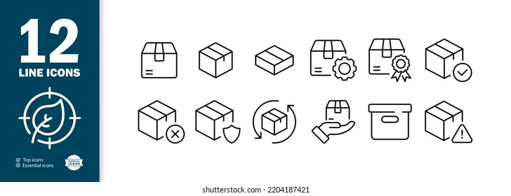 Icono de conjunto de cuadros. Embalaje, flechas circulares, equipo, servicio logístico, envío, marca de calidad, escudo, paquete, cruz, advertencia, paquete, marca de verificación, cartón. Concepto de entrega. Icono de línea de vector para empresas.