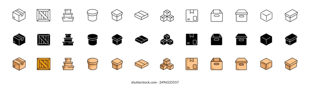 Boxes set icons. Linear, silhouette and flat styles. Vector icons.