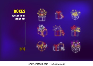 Boxes set in neon style. Gift, sale, present and surprise. Vector illustrations for night bright advertisement. Celebration and promotion concept