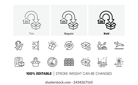 Boxes shelf, Delivery warning and Eco bike line icons. Pack of Lighthouse, 48 hours, Gift icon. Exit, Moving service, Bumper cars pictogram. Paper plane, Package location, Arrivals plane. Vector