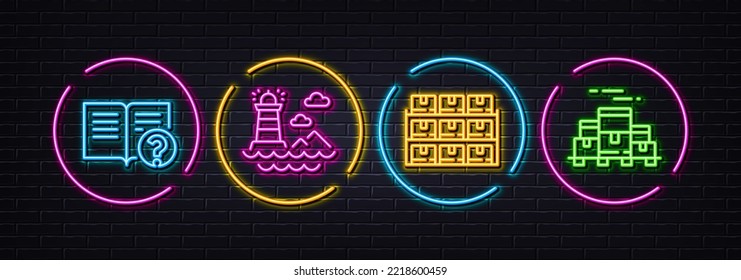 Boxes shelf, Help and Lighthouse minimal line icons. Neon laser 3d lights. Boxes pallet icons. For web, application, printing. Wholesale inventory, Documentation, Navigation beacon. Vector