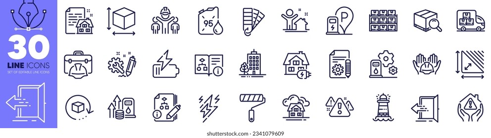 Boxes shelf, Lightning bolt and Triangle area line icons pack. Skyscraper buildings, Home charging, Palette web icon. Charging station, Entrance, Algorithm pictogram. Engineering team. Vector