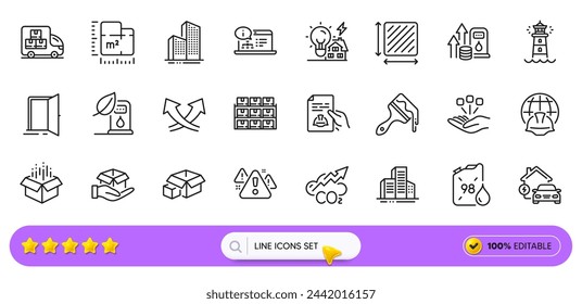 Boxes shelf, Packing boxes and Petrol station line icons for web app. Pack of Brush, Consolidation, Technical documentation pictogram icons. Fuel price, Open box, Home charging signs. Vector