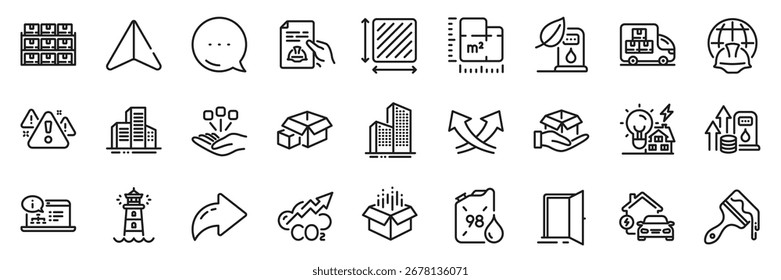 Estante de las cajas, cajas de embalaje y paquete de iconos de línea de gasolinera. Compartir, Mensaje, Iconos de plano de papel. Icono de Web de pincel, consolidación, documentación técnica. Vector