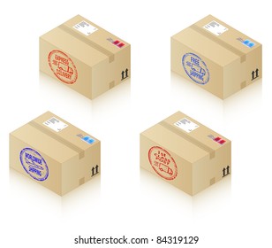 Boxes with shipping stamps. Express Delivery, 1st Class Post, Worldwide Shipping and Free Shipping