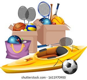 Boxes of sport equipments on white background illustration