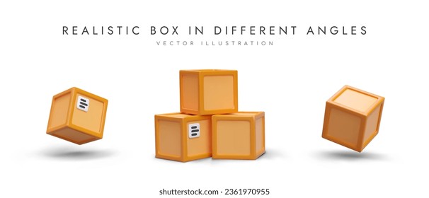 Boxes and stack of containers. Set of 3D images. Unlabeled vector packaging, mockup. Colored parcels. Icons for postal service. Illustrations for website of carrier company