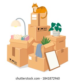 Boxes stack for moving. Stacked brown cardboard packages with stuff for move to new house. Box pile of sealed goods. Vector moving concept. Illustration stacked and packing pile crate to moving