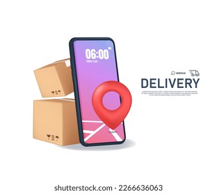 Boxes are stacked on top of each other and shown on smartphone screen and there is a red buy button next to it, 3d vector isolated for delivery, logistics and online shopping concept