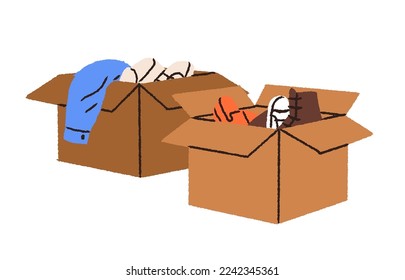 Cajas con cosas. Paquetes de cartón con ropa, ropa, ropa, zapatos, calzado, empacados para almacenamiento, en movimiento. Armario personal en cajas. Ilustración vectorial plana aislada en fondo blanco