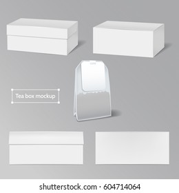 Boxes and tea bag. 3d realistic illustrations for your design and product presentation. Vector eps 10.