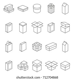 Boxes Thin Line Icon Set Different Types Big, Small, Round Or Square For Web And App. Vector Illustration Of Box