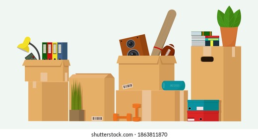 Boxes with things for moving to a new home. Cardboard boxes with things. Vector illustration in flat style