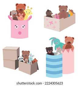 Boxes with toys and bags.
Vector set.
Stuffed Toys.
Organizers.