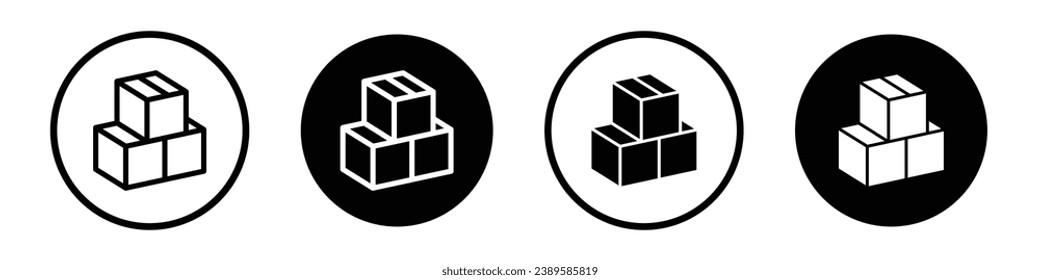 Boxes vector icon set. Cardboard product package inventory symbol. Parcel storage sign. Shipping boxes in black and white color.