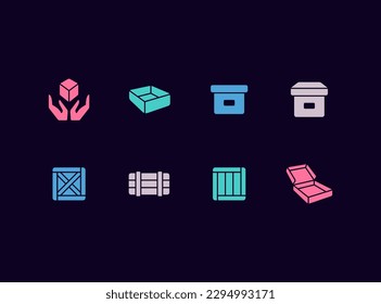 Boxes vector icon set. Logistics, packaging, delivery icons. Moving company signs. Post service and shipping symbols.