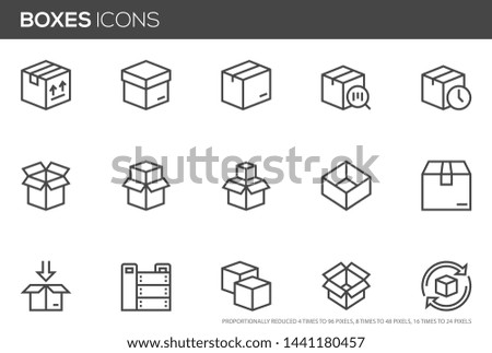 Boxes vector line icons set. Open Box, recycled box, wooden crate. Perfect pixel icons, such can be scaled to 24, 48, 96 pixels.