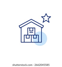 Boxes in warehouse and star. Trusted delivery service, top seller. Pixel perfect, editable stroke vector icon
