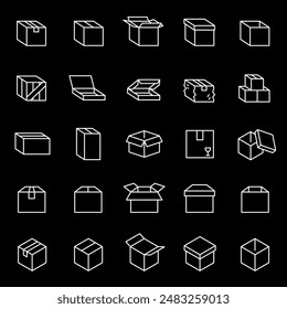 Boxes, white line icons. Cardboard packaging and storage boxes. logistics and shipping themes. Symbols on black background. Editable stroke.