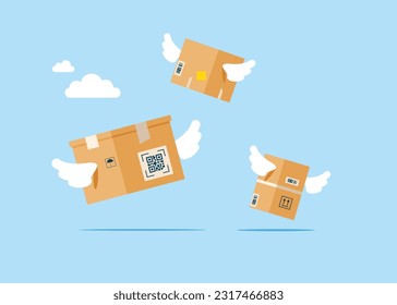 Cajas con alas vuelan en el cielo. Entrega de casa, mensajería, correo de paquetes, comercio internacional y compras en línea. Ilustración vectorial plana