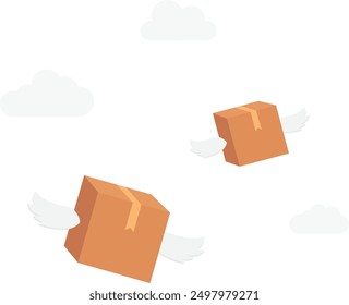 Boxes with wings fly in sky. Home delivery, courier, parcel post, international trade and online shopping. Flat vector illustration

