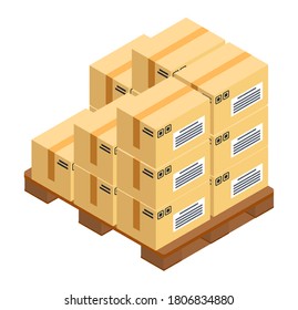 Boxes at wooden pallet, postal transportation, delivery product in carton packages isolated at white. Warehouse with card boxes, isometric icon. Packaging cargo, boxes stack. Vector illustration