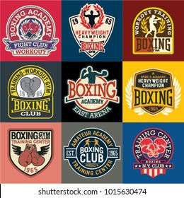 Boxing academy badges and symbols collection, vector set of 9 different patches for sports wear prints, embroideries, labels 