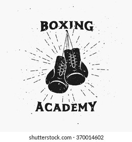 Boxing Academy Emblem .Vintage Boxing Gloves Hanging Nailed to Something. Vector illustration. Template for print, t-shirt, gym, flyer, poster or art works.
