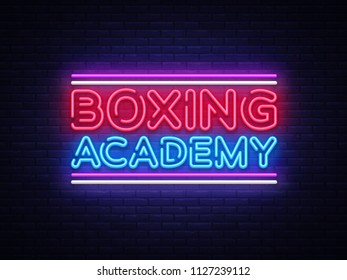 Boxing Academy neon signs vector. Boxing text Design template neon sign, light banner, neon signboard, nightly bright advertising, light inscription. Vector illustration