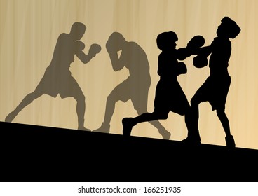 Boxing active young children box sport silhouettes vector abstract background illustration