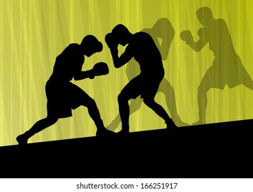 Boxing active young men box sport silhouettes vector abstract background illustration