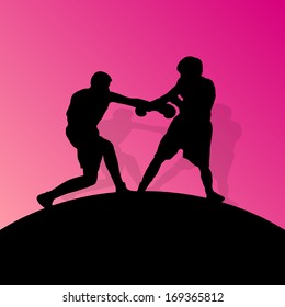 Boxing active young men box sport silhouettes vector abstract background illustration