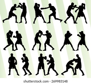 Boxing active young men box sport silhouettes set background illustration vector