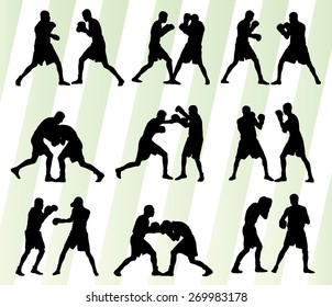 Boxing active young men box sport silhouettes set background illustration vector