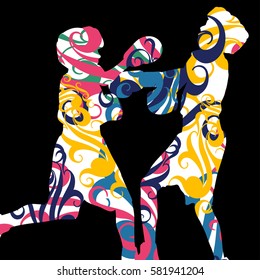 Boxing active young men box sport silhouettes vector abstract mosaic graphic background illustration
